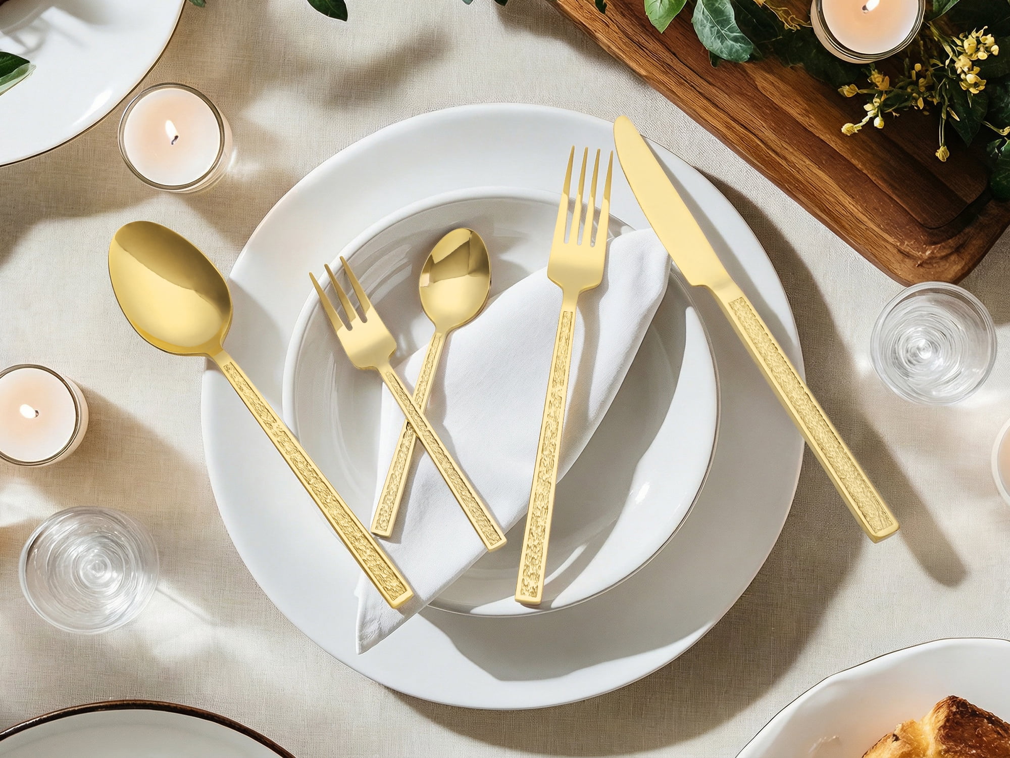 Unique Bargains 20 Pieces Stainless Steel with Texture Flatware Set for 4 Gold