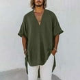 thumbnail image 2 of Men's Deep V Cotton Linen Tunic Shirts Summer Loose Short Sleeve Casual Oversized Beach, 2 of 6