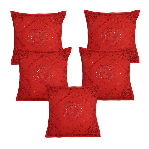 Stylo Culture Indian Decorative Throw Pillow Covers 24 x 24 Big Hand Embroidered Red Boho 60cm x 60cm Home Decor Cotton Mirrored Square Cushion Covers | Set Of 5