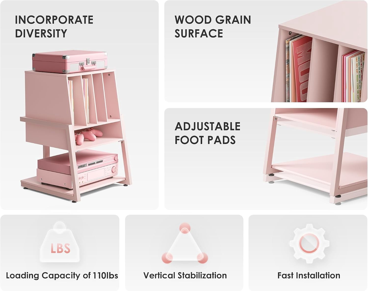 FITUEYES Record Player Stand with Vinyl Storage, Holds up to 120 Records, Pink, Eiffel Series