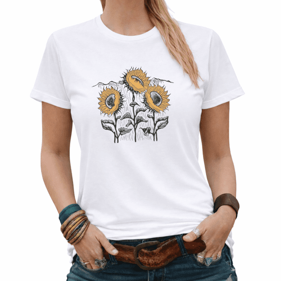 Giffimy Sunflower Butterfly Womens Print Tshirt Graphic Tees White/Black S-5XL Tops