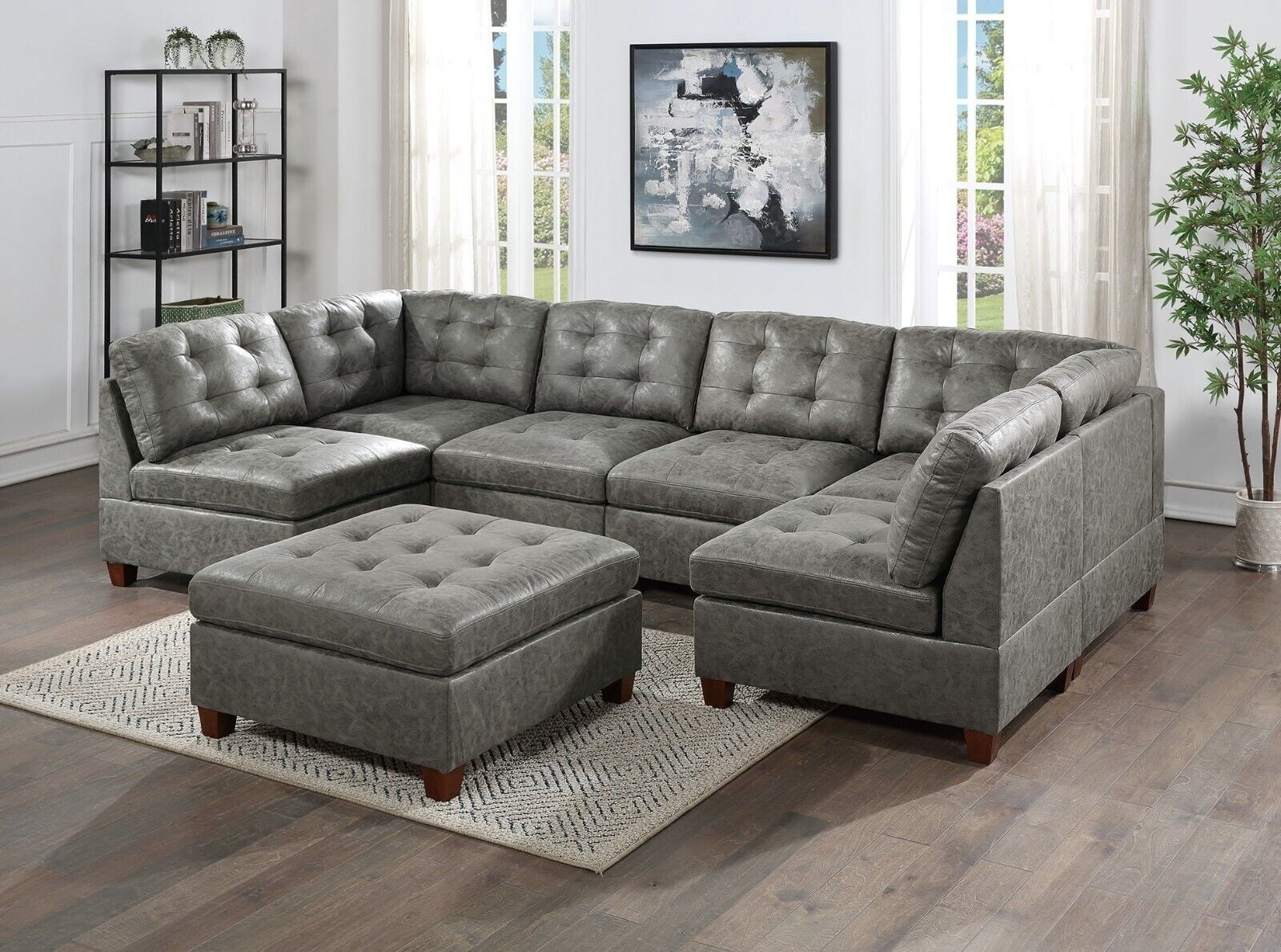 Classic Leatherette Tufted USectional 7pcs Set Antique Grey Modular