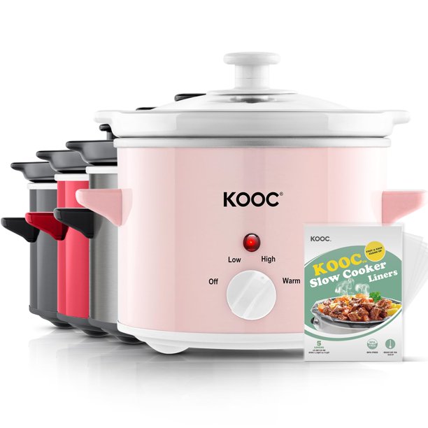 KOOC - Olla de cocción lenta pequeña, de 2 cuartos de galón, incluye revestimientos gratuitos para una fácil limpieza, olla de cerámica mejorada, temperatura ajustable, reducción de pérdida de