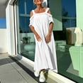 thumbnail image 4 of Women's Cold Shoulder Dresses Loose Square Neck Textured Midi Dress with Pockets Breathable Vacation Summer Dress White 2XL, 4 of 9
