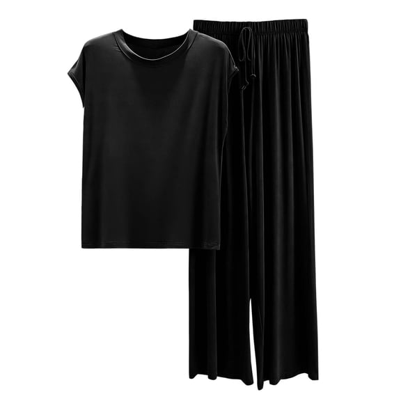 Erwazi Women's 2 Piece Pajama Set Solid Modal Loose Crew Neck Short Sleeve Long Pants Casual Loungewear Sets