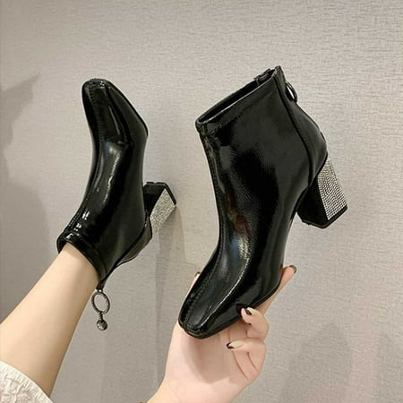 

VKEKIEO Ankle Boots Round Toe High Heel Booties Buckle Black Winter Boots