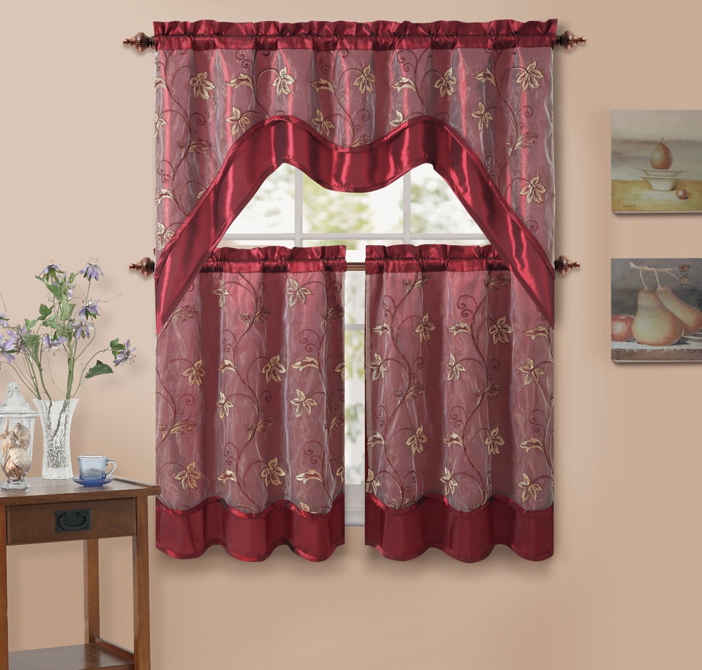 3 Piece Double Layer Leaf Embroidered Kitchen Window Curtain Set with