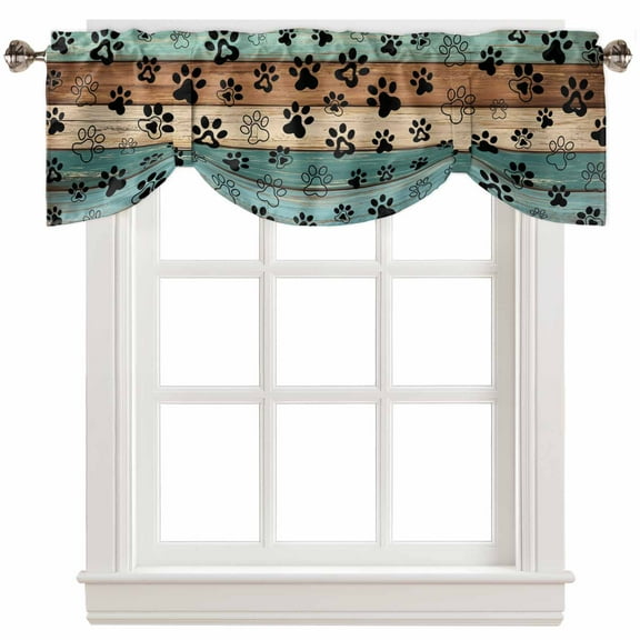 Fsddascl Teal Brown Farmhouse Tie Up Valance Curtains for Windows, Kitchen Curtains Window Treatments, Black Dog Paw Vintage Short Window Shades Valances for Bedroom Bathroom Cafe 54"x18"
