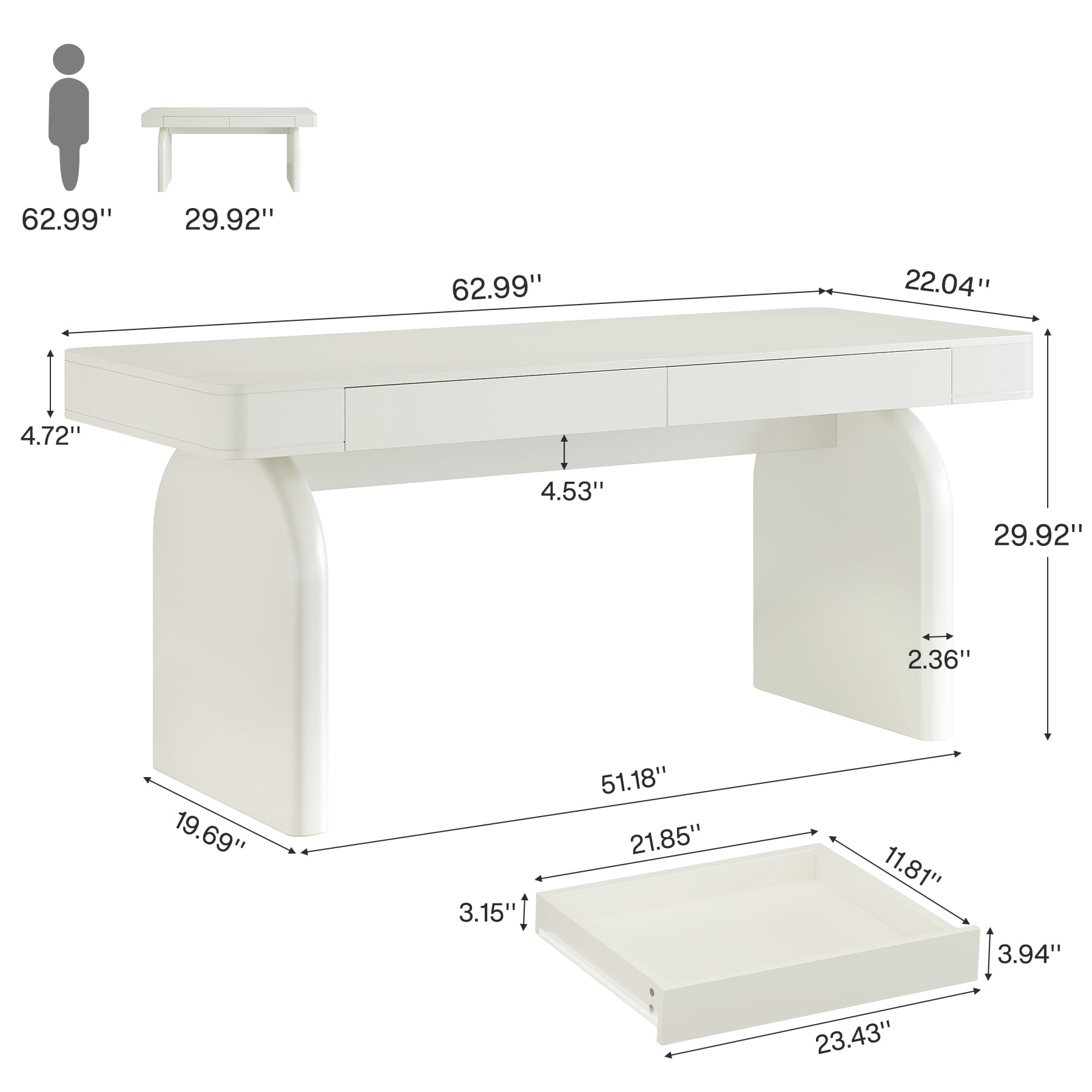 Finmind 63-Inch White Desk with Drawers, Modern Glossy Executive Office Desk, Elegant Writing Computer Table for Home Office or Study, Cream White