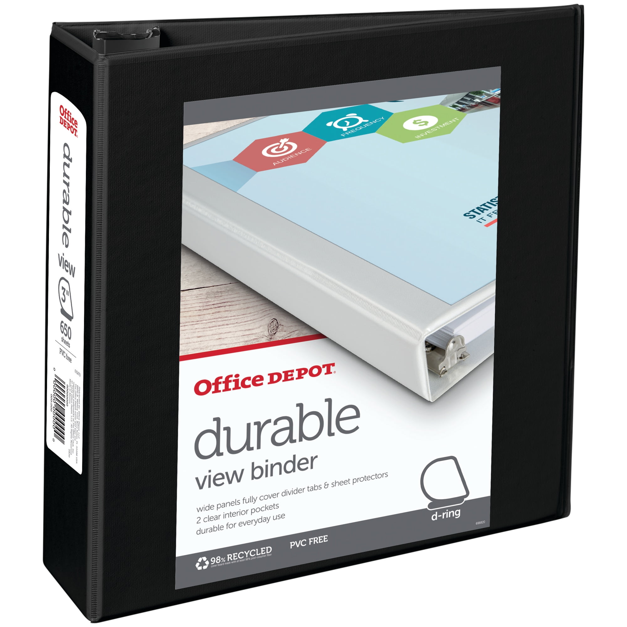 Office Depot® Brand Durable View D-Ring Binder, 3' Rings, 39% Recycled, Black