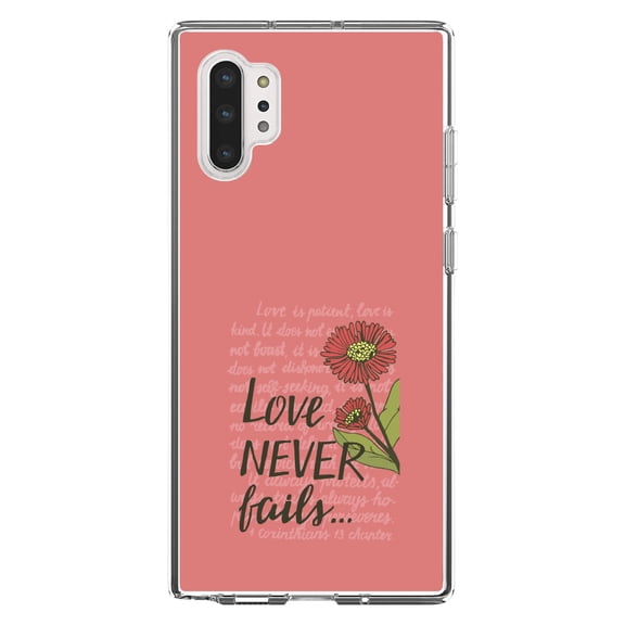 DistinctInk Clear Shockproof Hybrid Case for Galaxy Note 10 PLUS (6.8" Screen) - TPU Bumper, Acrylic Back, Tempered Glass Screen Protector - 1 Corinthians 13 - Love Never Fails - Flower