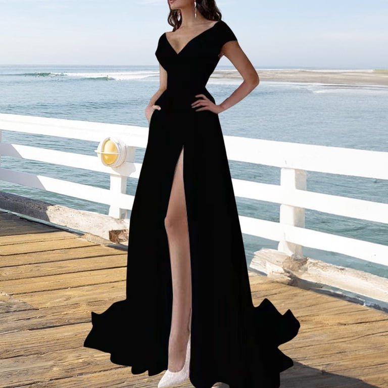 Joernso Women's Off Shoulder High Split Maxi Dress V Neck Long Prom Dress Formal Cocktail Party Evening Gown with Train
