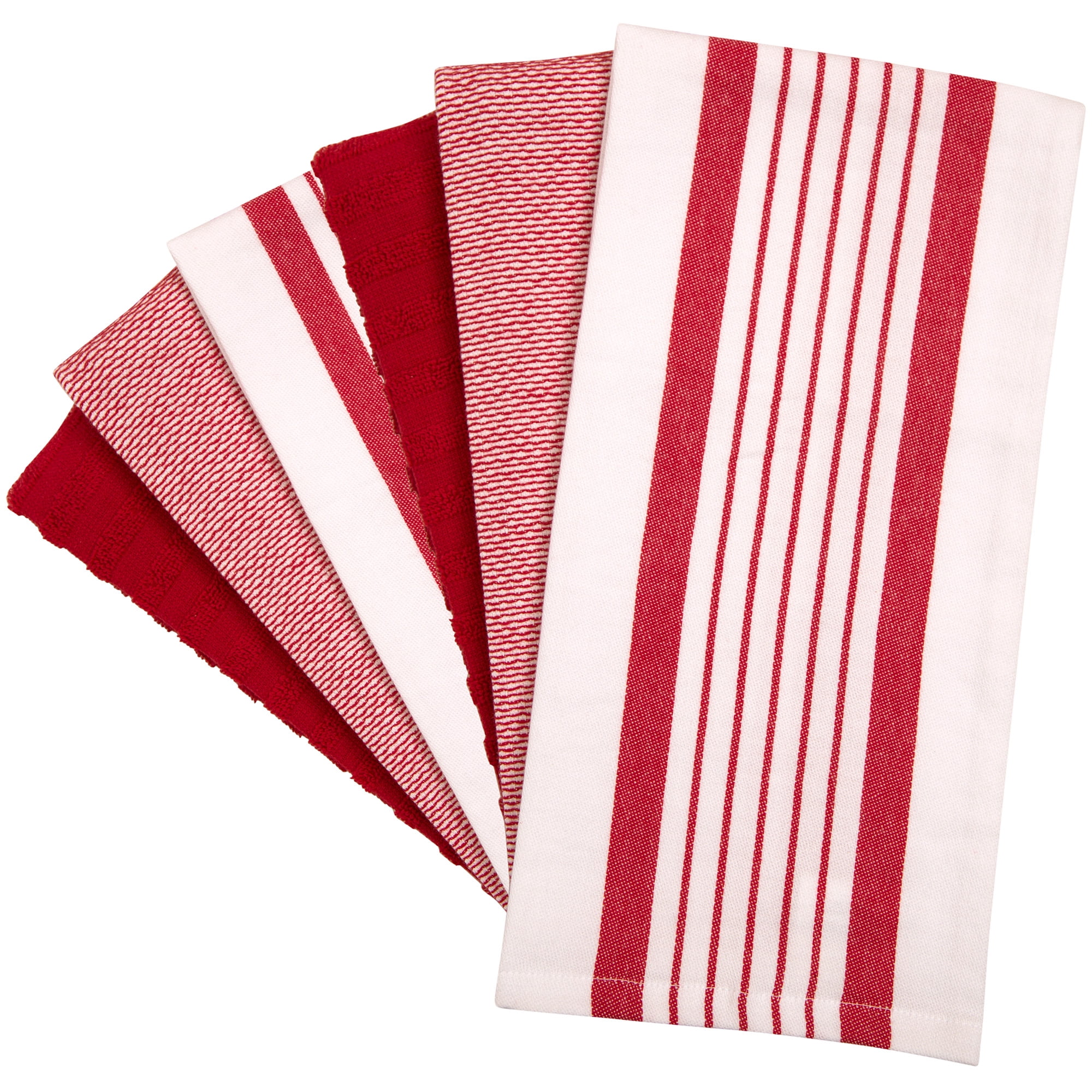 Premium Kitchen Towels (20”x 28”, 6 Pack) – Large Cotton Kitchen Hand Towels – Striped Flat & Terry Towel – Highly Absorbent Tea Towels Set with Hanging Loop – Red