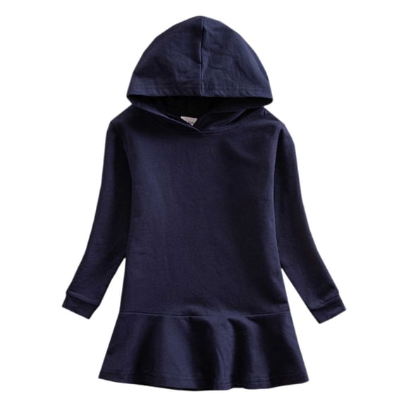 CPNG Girls Hoodie Dress Solid Color Long Sleeve Hooded Dress Stylish Daily Casual Hoodie Sweatshirt A-Line Dresses(Navy,5-6 Years)