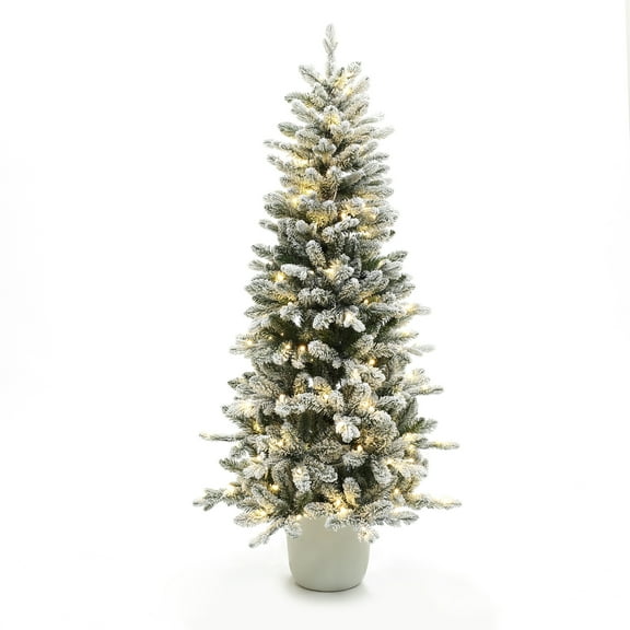 LuxenHome 5Ft Multicolored Pre-Lit Flocked Artificial Tree Potted