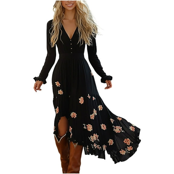 Women's Dresses Casual V-Nek Long Sleeve Dress Floral Print Vintage Midi Dress with Irregular Hem Black S
