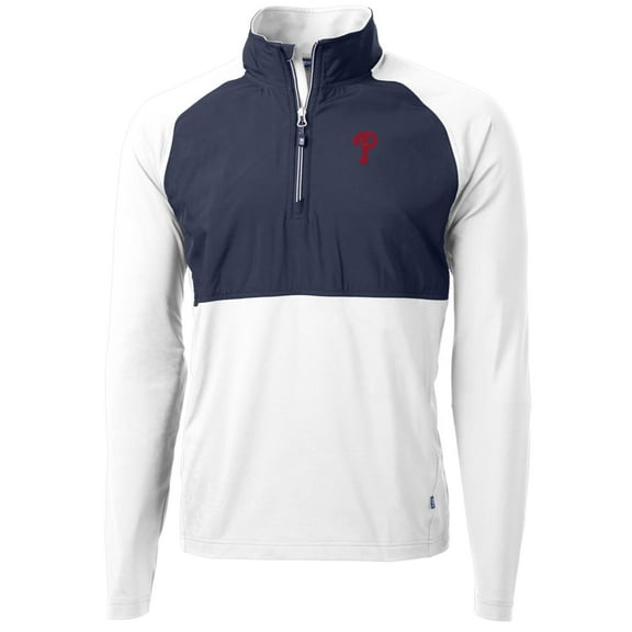 Men's Cutter & Buck White/Navy Philadelphia Phillies Adapt Eco Knit Hybrid Recycled Quarter-Zip Pullover Jacket