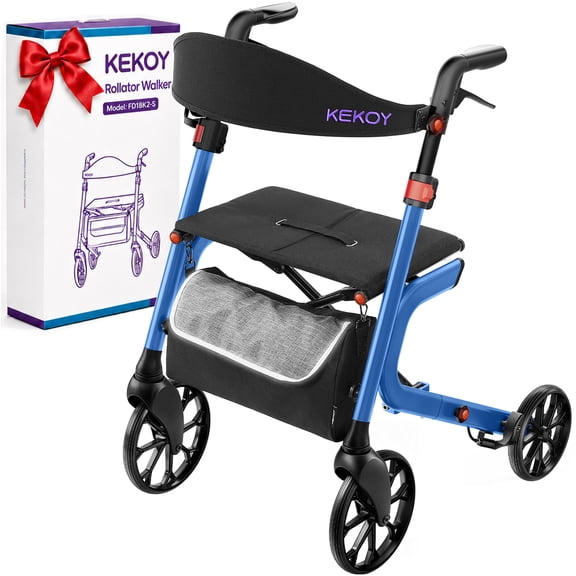 KEKOY Rollator Walker with Seat for Seniors, Walkers for Seniors with Seat, 400 lbs, K-Frame Reinforced, Hidden Brake Cables, 10" TPR All-Terrain Wheels, 8-Level Adjustable Height, Foldable, Blue