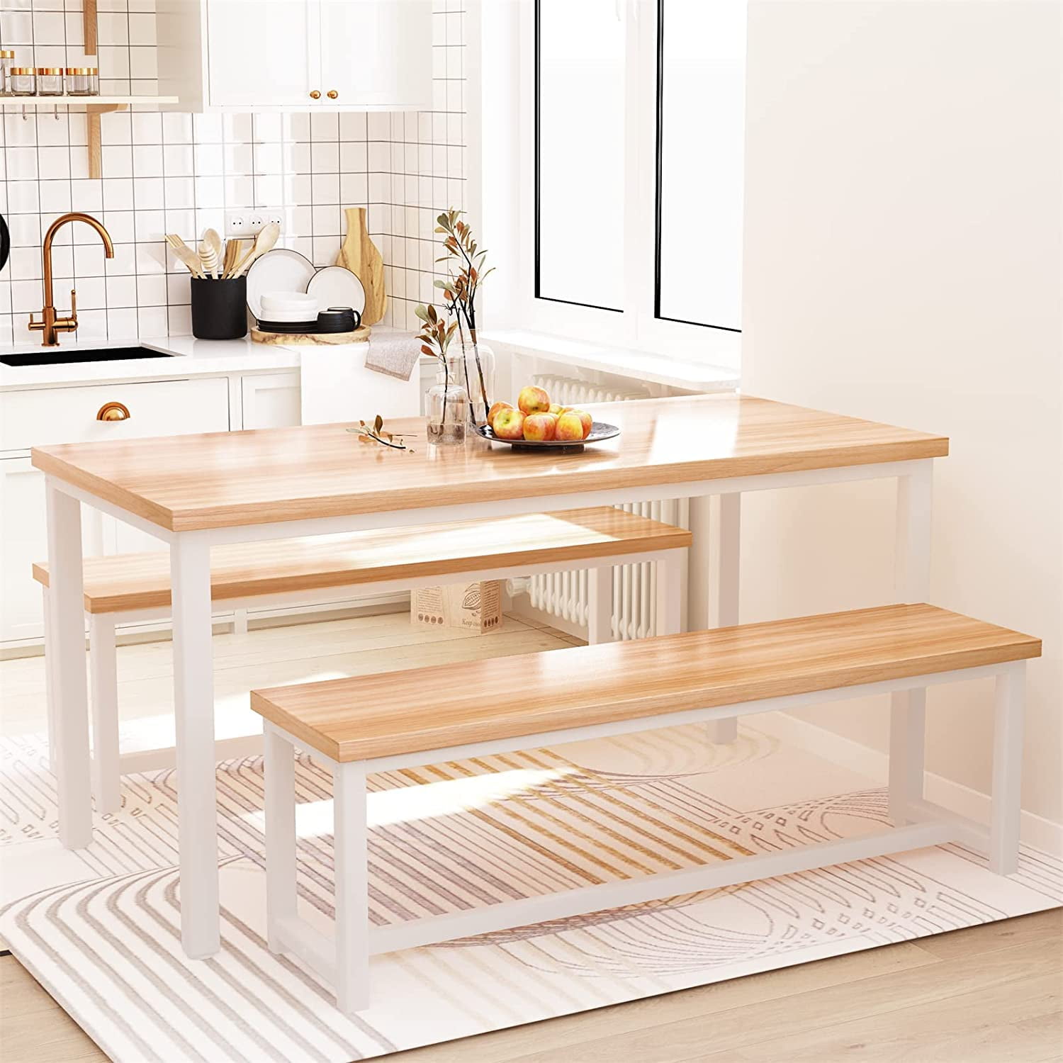 Cvortll Dining Room Table Set, Kitchen Table Set with 2 Benches, Ideal for Home, Kitchen and Dining Room, Breakfast Table of 43.3x23.6x28.5 inches, Benches of 38.5x11.8x17.5 inches, Beige