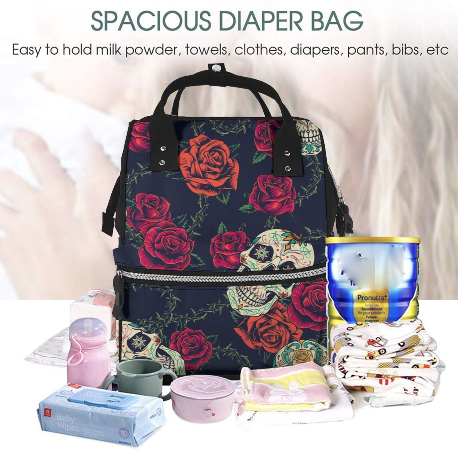 Xecao Roses Skulls print Large Capacity Nappy Bag is a multi-functional waterproof travel backpack, perfect as a nursing bag or mummy backpack for women