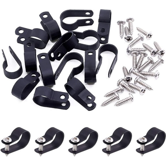 120 Pack Black 5/8 Inch Nylon Plastic R-Type Cable Clips Clamp Kit, Nylon Screw Mounting Cord Fastener Clips with 120 Pack Screws for Wire Management (5/8 Inch, Black)