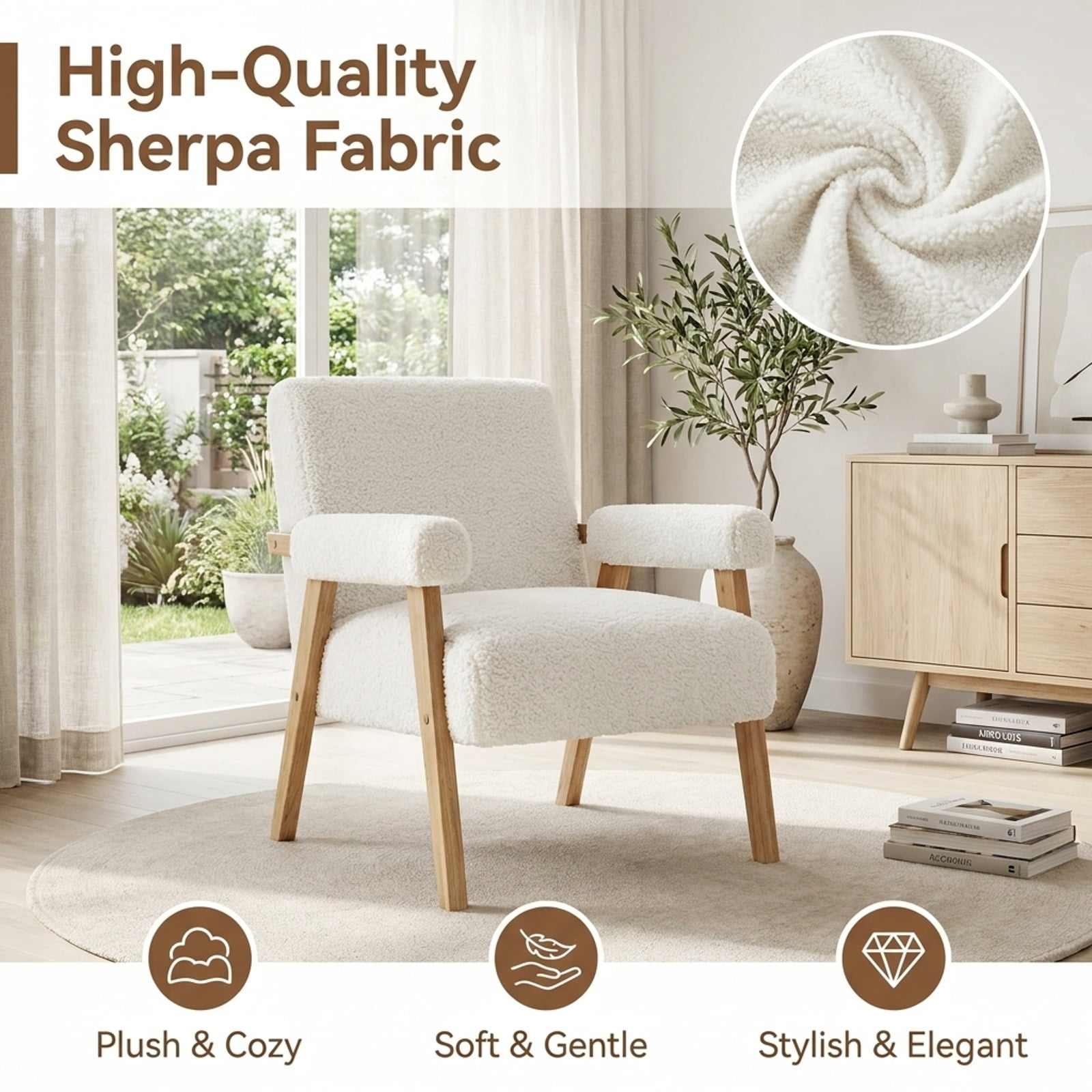 Furnibear Mid Century Modern Accent Chair with Cozy Sherpa Upholstery Padded Armrests and Solid Rubber Wood Frame for Living Room and Bedroom, White
