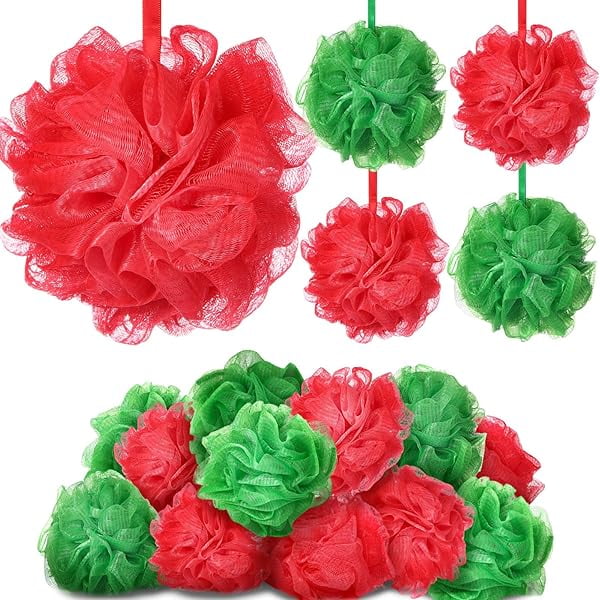 wonima11 24 Pcs Christmas Bath Loofah Sponge Red Green Loofah Exfoliating Body Scrubber Shower Sponge 50g Mesh Shower Pouf Balls Gift Set for Women Men Christmas Bathing Accessories