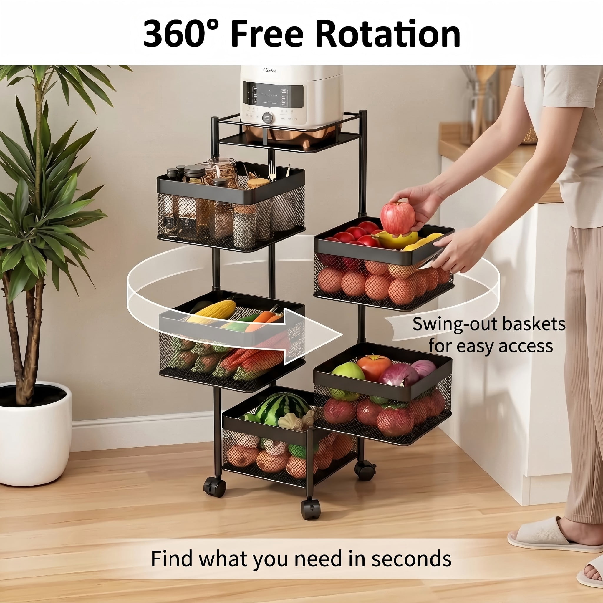 5-Tier Rotating Storage Cart, Square Metal Kitchen Utility Cart on Wheels, 360° Swinging Wire Basket Organizer Rack for Fruit, Vegetable, Pantry, Bathroom and Living Room, BLACK