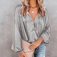 thumbnail image 4 of Pompotops Ladies Solid Color V-Neck Lantern Long-Sleeved Button Casual Shirt Top, 4 of 8