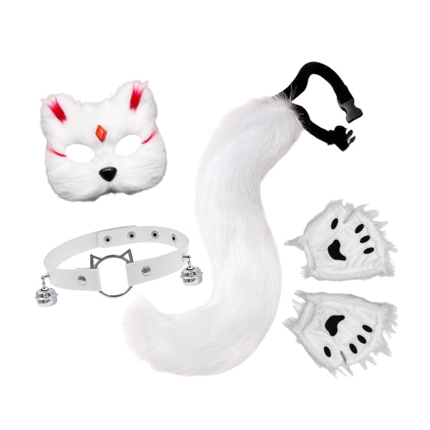 Conjunto de máscara y cola de gato y zorro, bonito collar para Halloween, espectáculos, cumpleaños Blanco Rojo