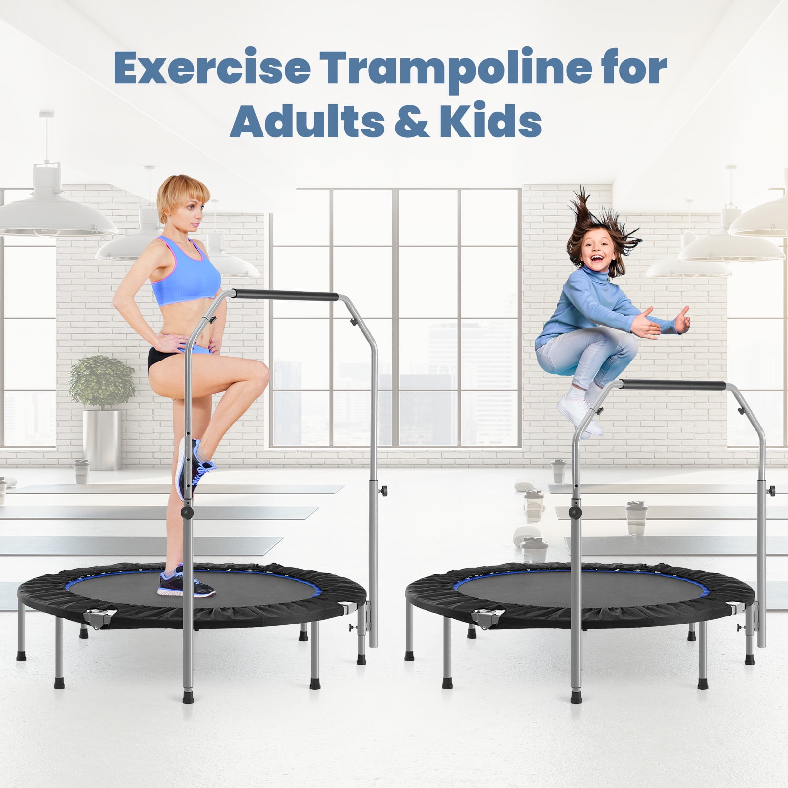 GIANNA 48" Collapsible Mini Trampoline, 330lbs Maximum Load Capacity, with Foam Handles, Exercise Trampoline Suitable for Adult Fitness, Kids, Indoor Outdoor, Blue