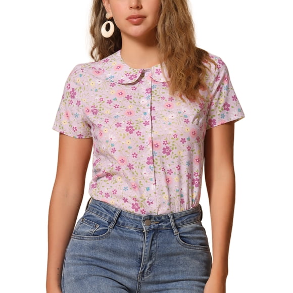 CAMISA DE VERANO PARA MUJER ATHLECHIC CON COLLAR PETER PAN, BOTONES EN LA PARTE FRONTAL, BLUSA VINTAGE DE FLORES, TALLA S, ROSA CLARO