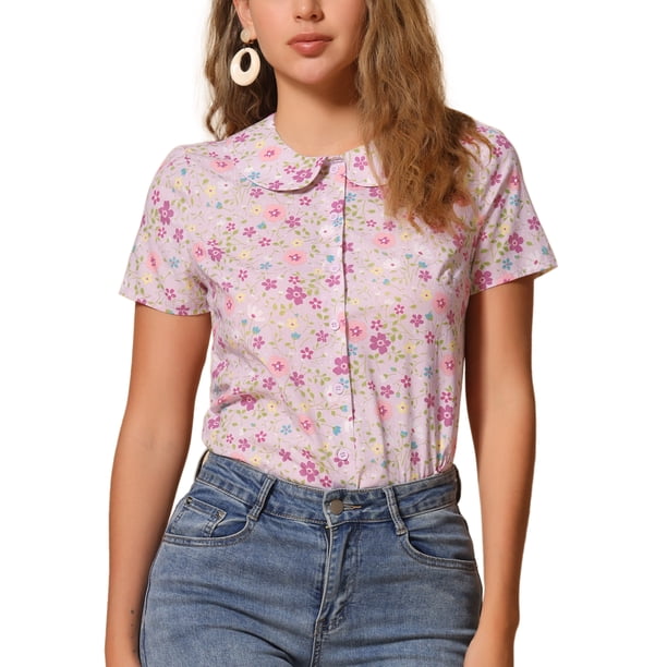 CAMISA DE VERANO PARA MUJER ATHLECHIC CON COLLAR PETER PAN, BOTONES EN LA PARTE FRONTAL, BLUSA VINTAGE DE FLORES, TALLA S, ROSA CLARO