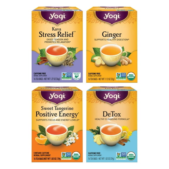Yogi Tea Well-Being Variety Pack - 16 Tea Bags per Pack (4 Packs) - Black & Herbal Tea Sampler - Caffeine & Caffeine Free - Kava Stress Relief, Ginger, Sweet Tangerine Positive Energy & DeTox