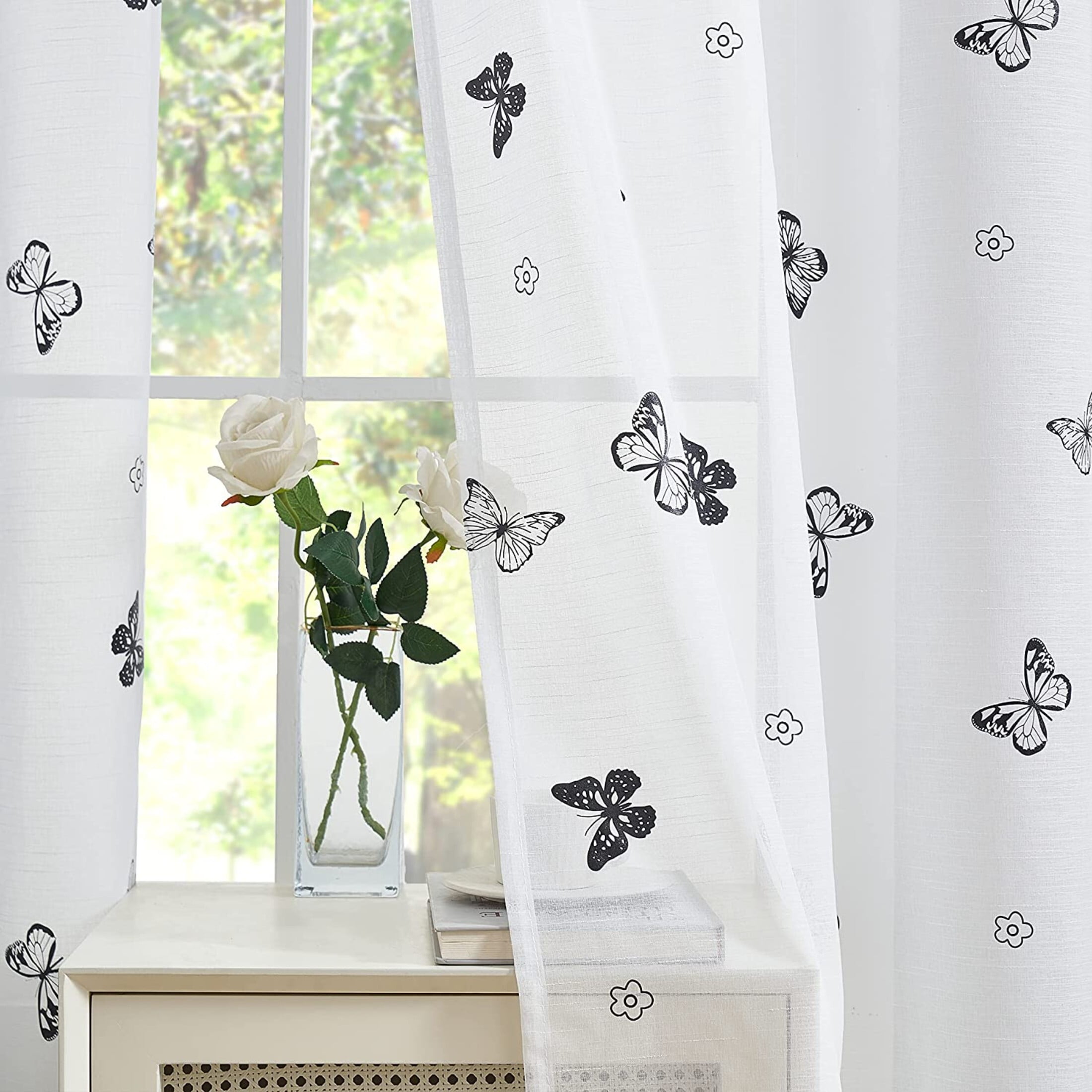 Flowpartex Spring White Sheer Curtain Panels Black Butterfly Pattern Drapes Light Filtering for Girls Kids Bedroom Living Room, Rod Pocket, 54"L×52"W 2 Panels