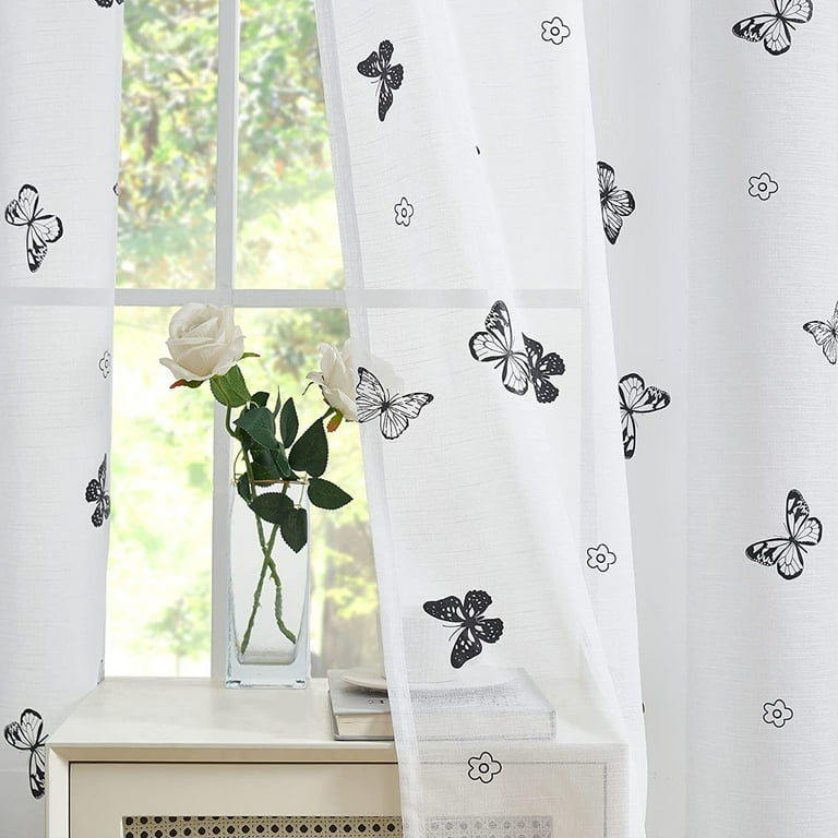 Flowpartex White Sheer Curtain Panels Black Butterfly Floral Pattern Design Spring Drapes for Girls Kids Bedroom Living Room Light Filtering Rod