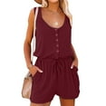 thumbnail image 4 of OGLCCG Women's Summer Casual Shorts Jumpsuit Plain Scoop Neck Loose Fit Button Down Tie Waist Sleeveless Tank Rompers with Pockets, 4 of 4