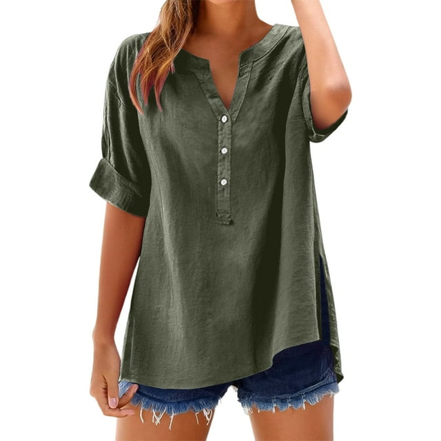 Women's Linen Shirts Summer Button Down V Neck Casual Blouse Spring Fashion Loose Fitting Tunic Tops Work Boho Style