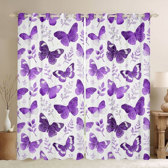 Feelyou Dreamy Butterfly Black Out Curtains, Purple Leaves Curtains Pack of 2 (42x63 Each)