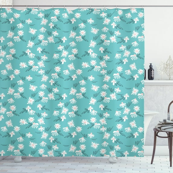 Chamomile Shower Curtain, Floral Theme Daisy Flowers Abstract Leaves Motifs on Blue Background, Fabric Bathroom Set with Hooks, 69W X 70L Inches, Cadet Blue Blush White, by Ambesonne