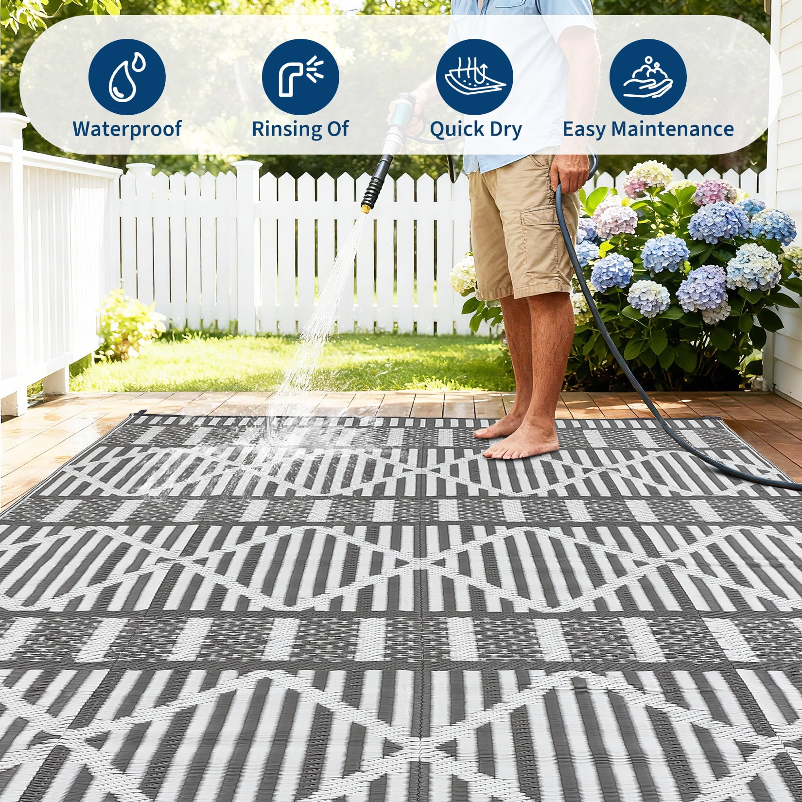 HIWEAVER 9' x 12' Gray/White Outdoor Rug PP Plastic Straw Woven Waterproof Patio Rug with Border Portable Outside Carpet for Balcony Deck Picnic Garden Decor