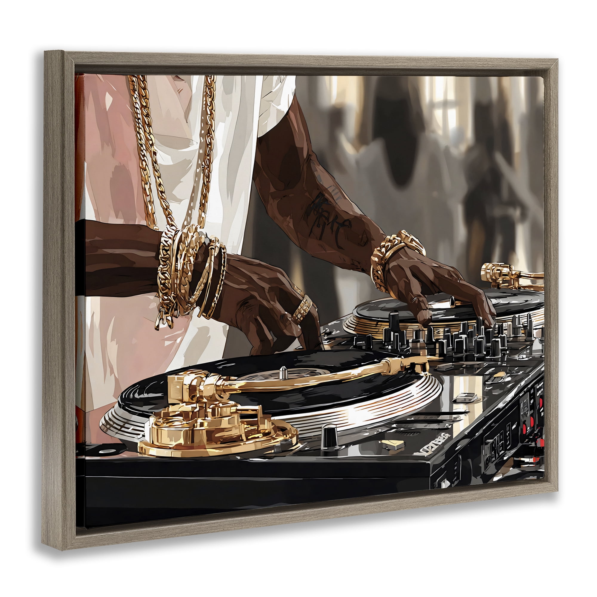 Stupell Industries Golden Sound DJ Turntables Brown Framed Floater Canvas Wall Art, design by Franklyn Gregory