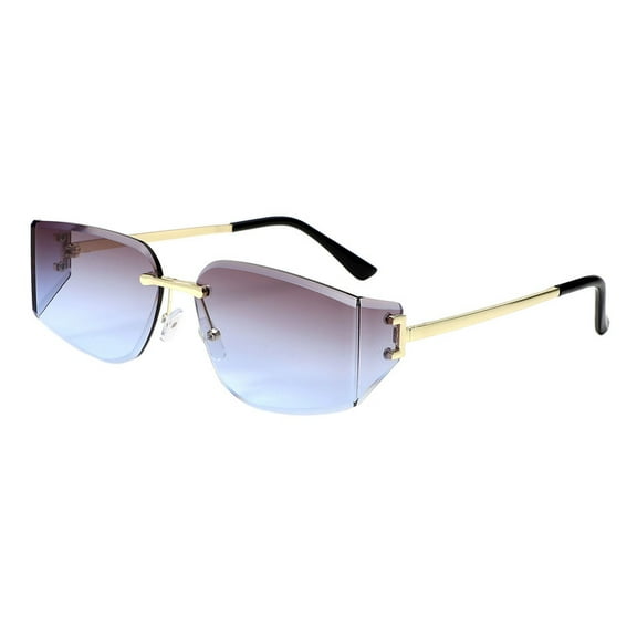 Unisex Rimless Sunglasses Oval Rectangle Beveled Brown Blue Lens Gold Trim UV400