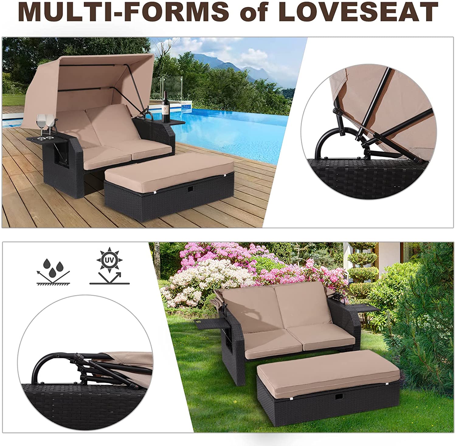 LVUYOYO Patio Wicker Furniture Set - Outdoor Rattan Sofa Set with Retractable Canopy, Side Table, Ottoman, Cushion - PE Rattan Loveseat for Backyard Porch Garden Poolside Balcony - image 4 of 7