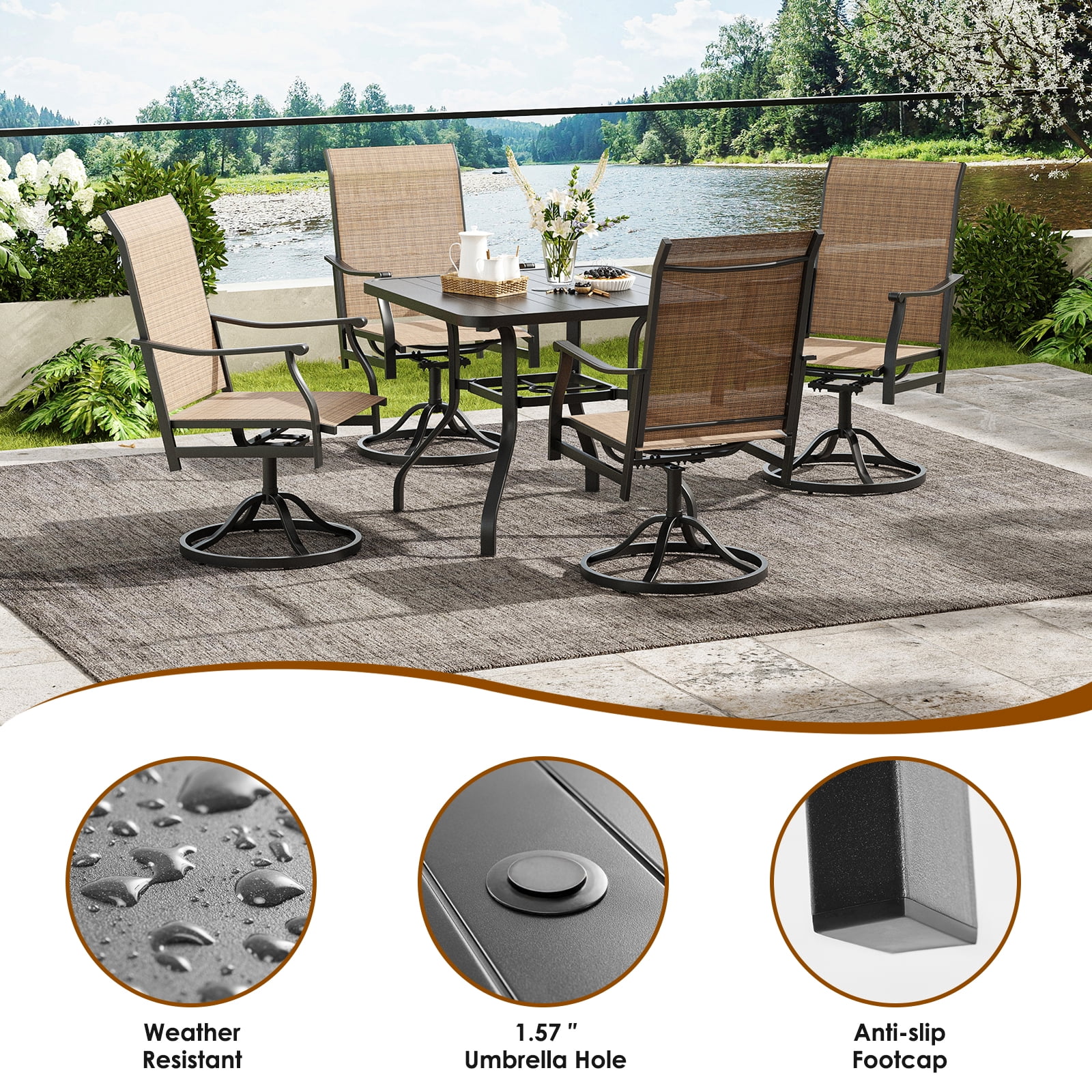 STARY 5 Pieces Outdoor Dining Set with 1.57" Umbrella Hole, Patio Swivel Dining Textilene Chairs and 35"x35" Iron Square Table for 4 People, Backyard