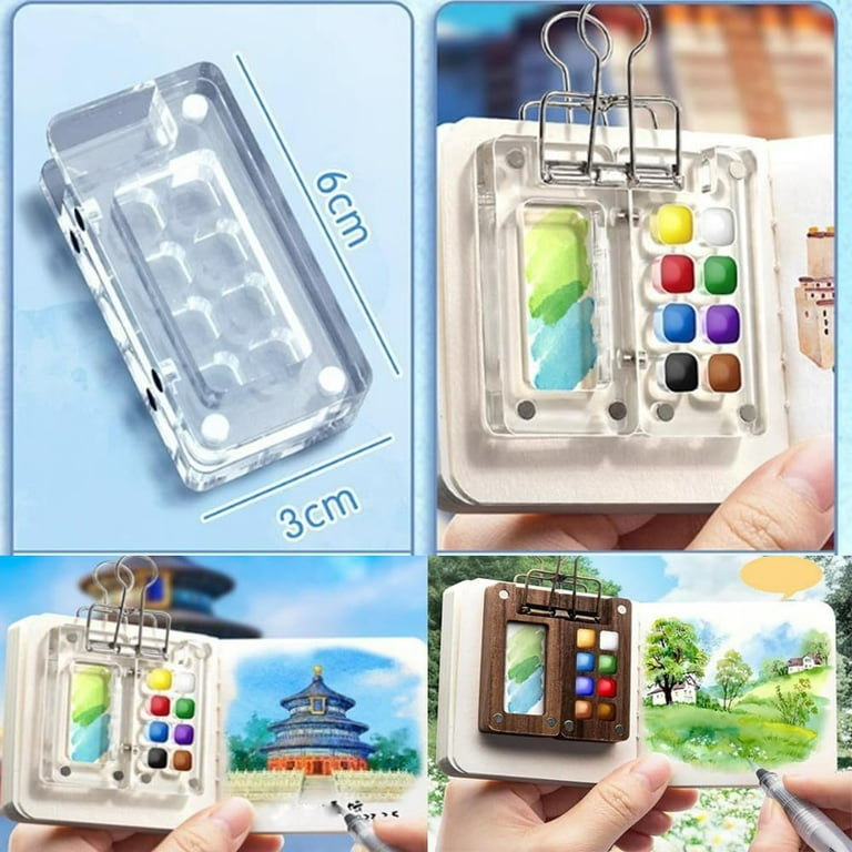 Kit Aquarelle De Voyage Miniature YOUNGSAY - Palette 8 Cases + Carnet + Pinceaux + 12 Couleurs - Bois De Noyer