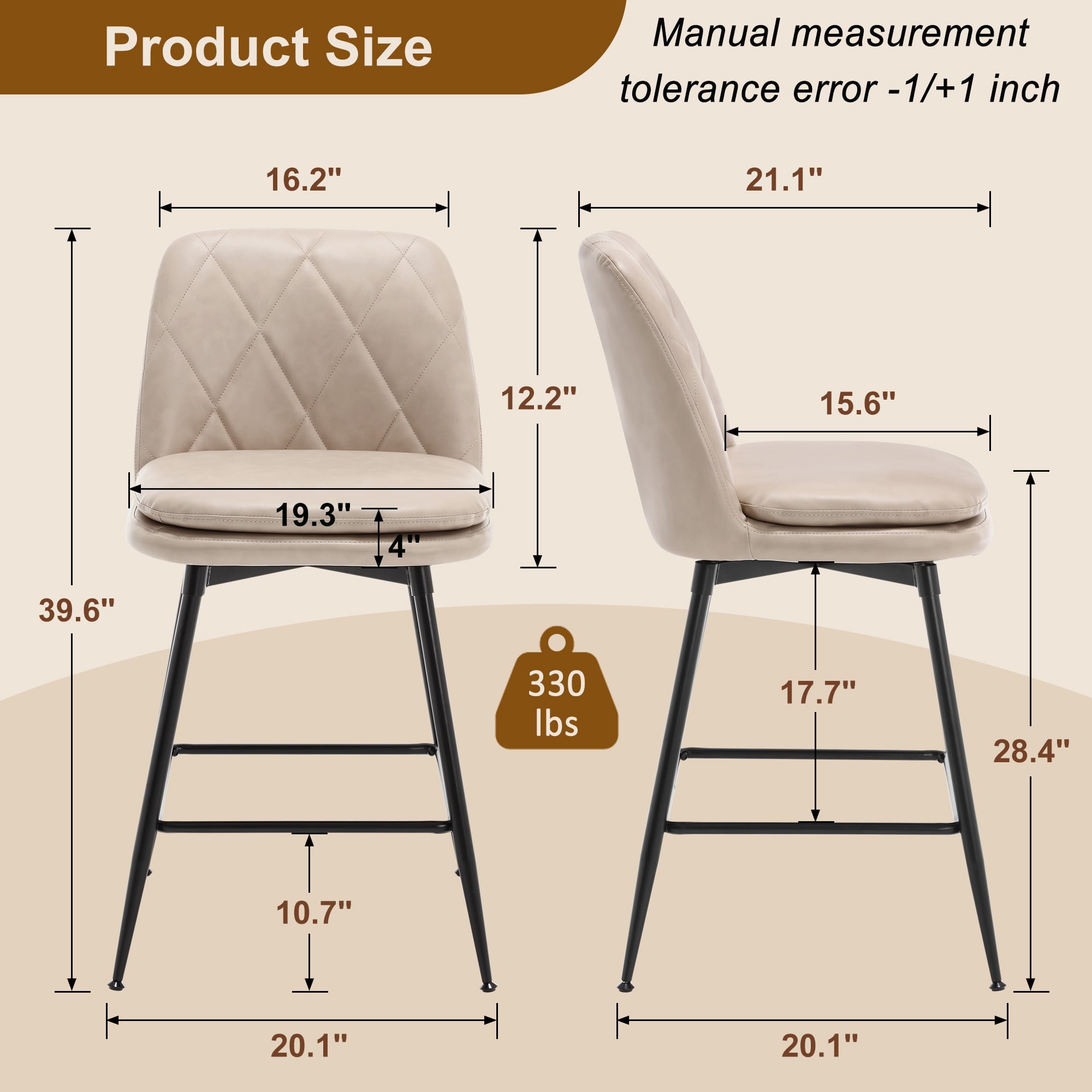 TEWLOSS 28" Bar Stools Set of 4 Swivel Barstools Faux Leather Kitchen Chairs, Cream