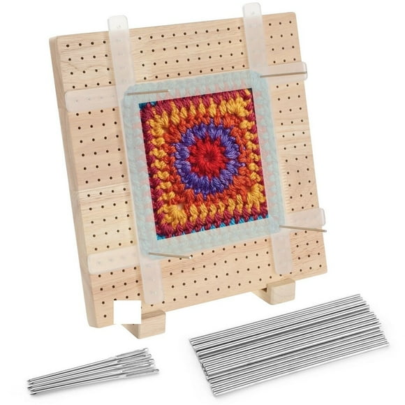 Crochet Blocking Board with 25 Pins, 10.8 Inches Square Wooden Blocking Mat, Handcrafted Blocking Mat for Knitting Crocheting