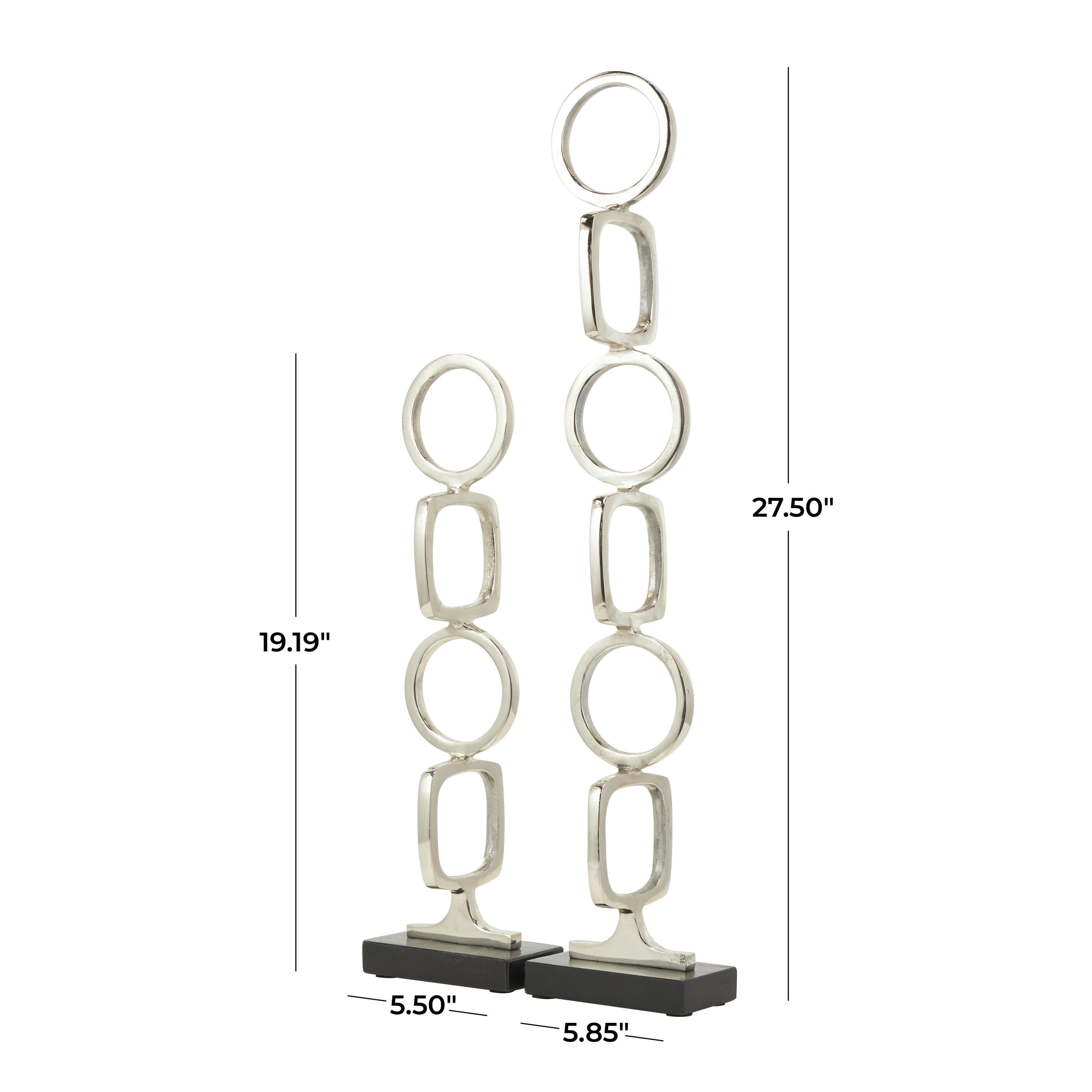 28", 19"H Silver Aluminum Metal Stacked Geometric Rings Abstract Sculpture with Black Marble Bases, by DecMode (2 Count)