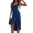 thumbnail image 2 of Women'S Tie Waist Sleeveless Faux Wrap Ruched Sheath Bodycon Cocktail Party Work Dress Royal Blue M, 2 of 9